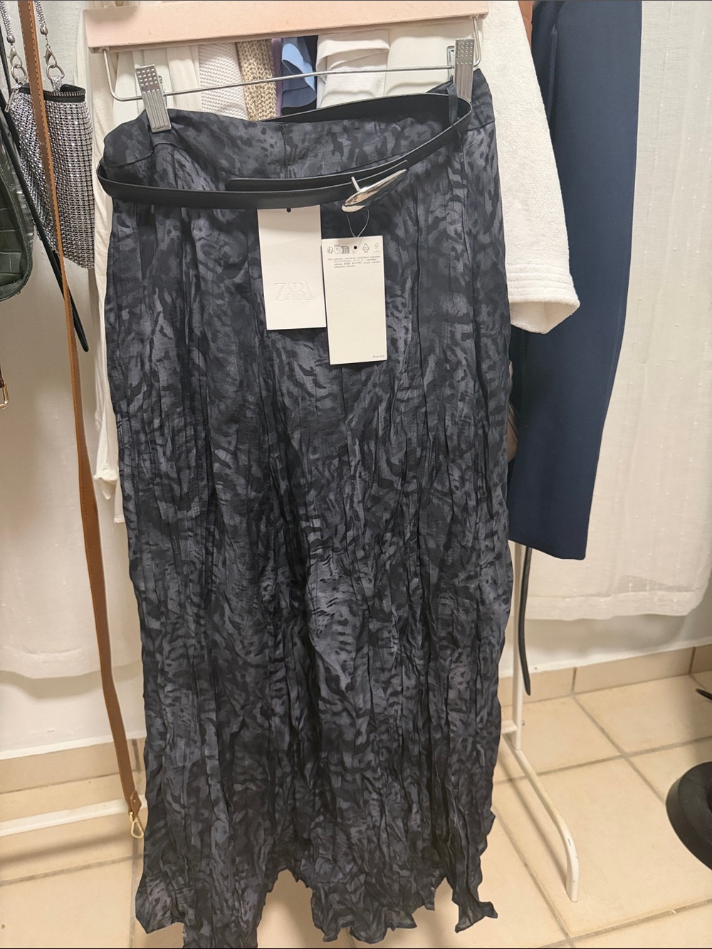 Zara Black Crinkled Maxi Skirt with Subtle Pattern